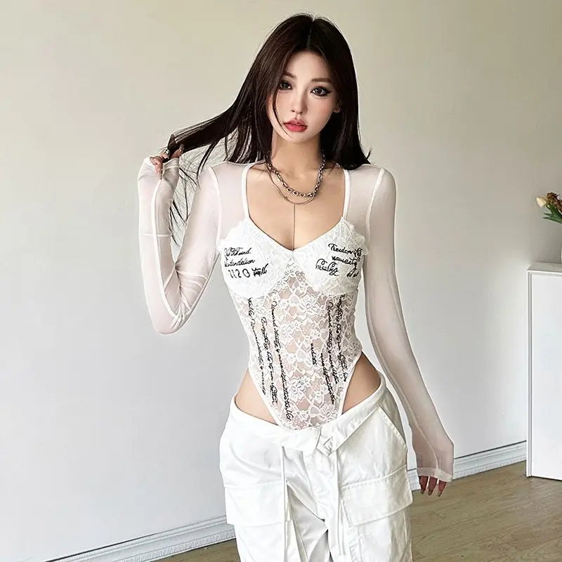 Pure and Sexy Sexy Lace Hollow V-neck Slim T-shirt Jumpsuit for Women