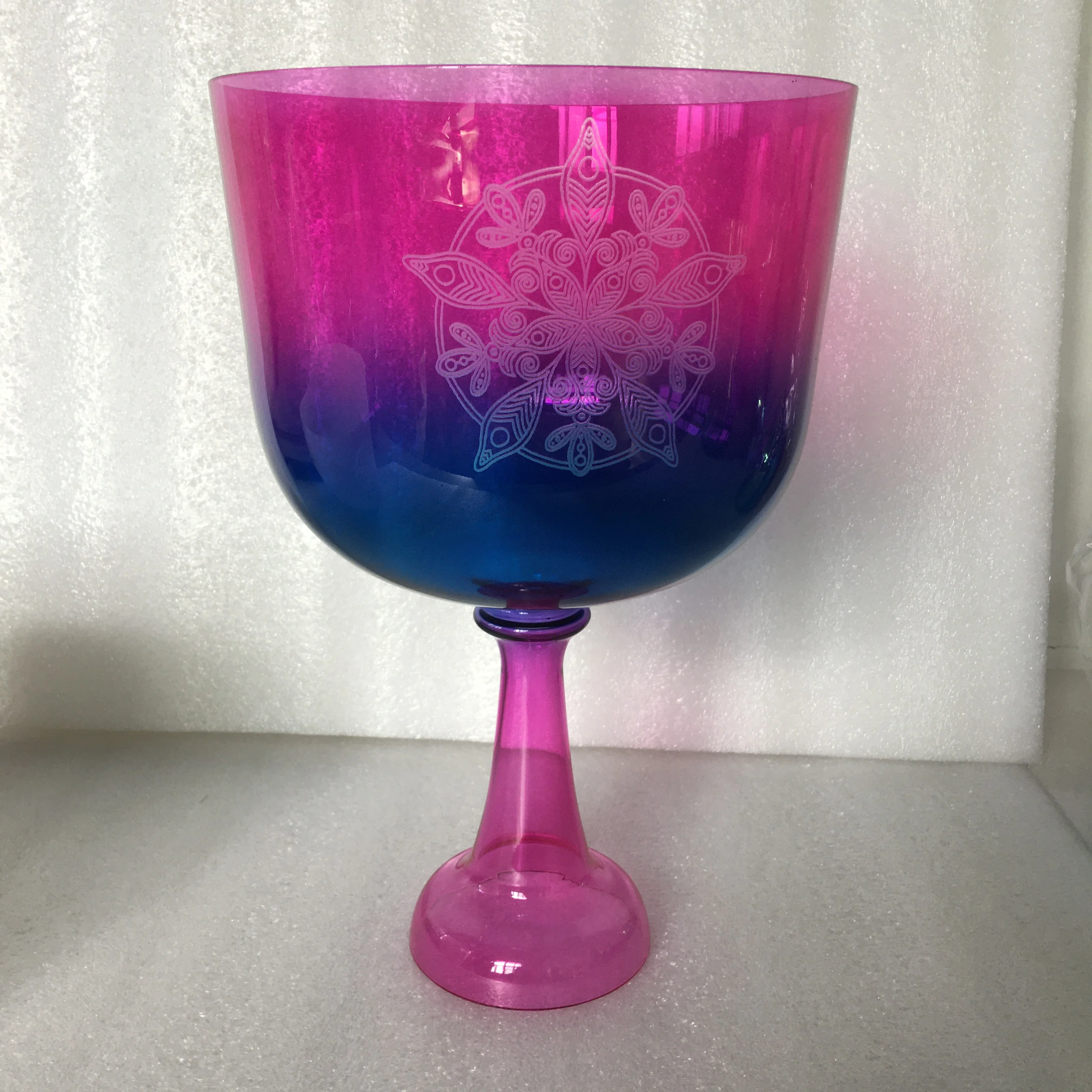 Star Linkup Indigo blended pink crystal sound chalice with delicate carving craftsmanship, strictly calibrated 432Hz accurate pitch, optional 4th octave D and D# tones