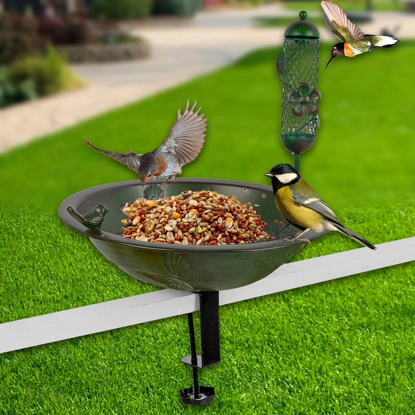 

Bird Bath for Outdoor Birdfeeder Metal Deck Mount Bird Bath Bowl with Adjustable Clip for Balcony Railing Yard Fence Decoration
