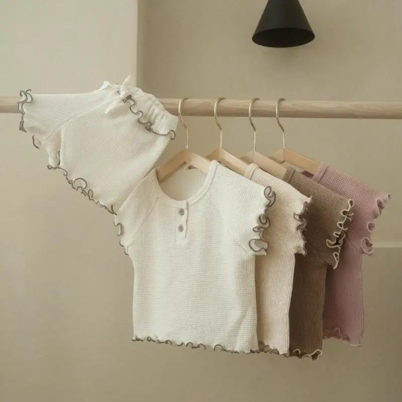 

2026 Summer New Baby Short Sleeve Home Clothes Set Girls Waffle T Shirts + Shorts 2pcs Suit Infant Toddler Solid Casual Outfits