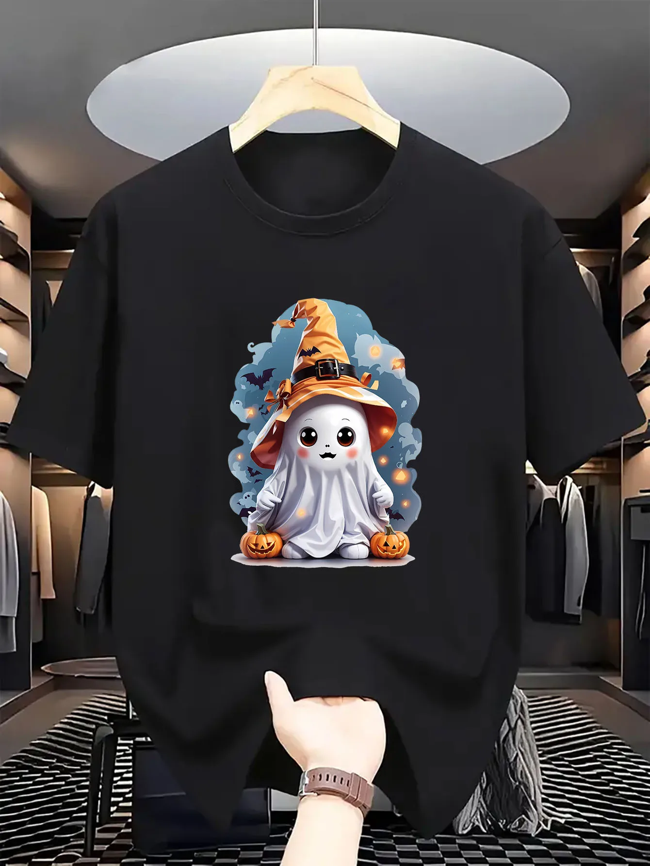 ハロウィンかわいいゴーストウィザードカボチャプリントピュアコットンTシャツメンズとレディースカジュアルTシャツ通気性と快適さ