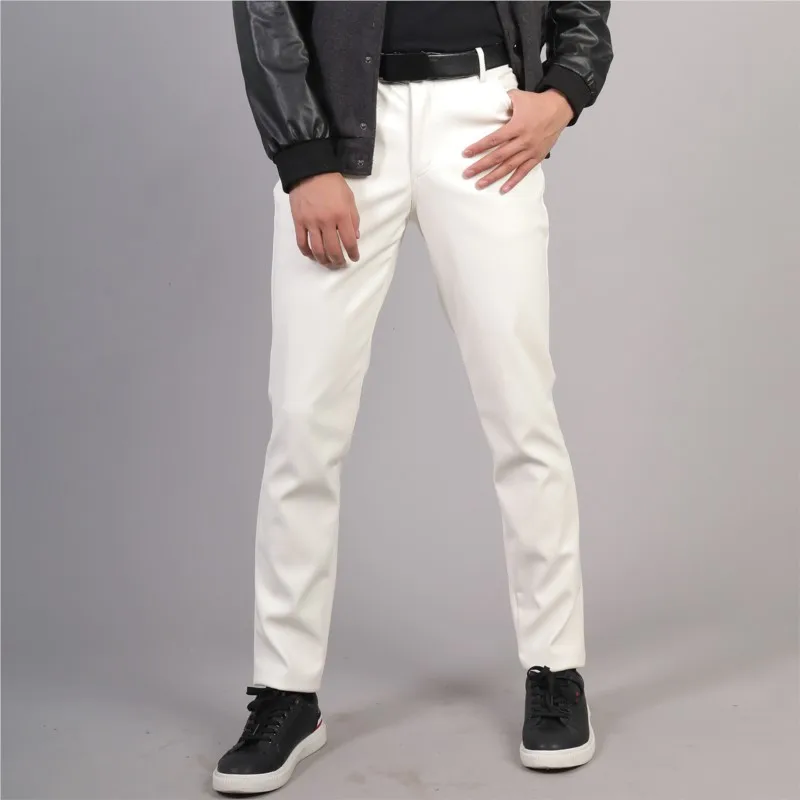 

New Men's Pu Pantspants White Pu Leather Red Faux Male Fashion Zipper Pocket Mens Streetwear 2023 Sexy Leatherette Trouser Homme