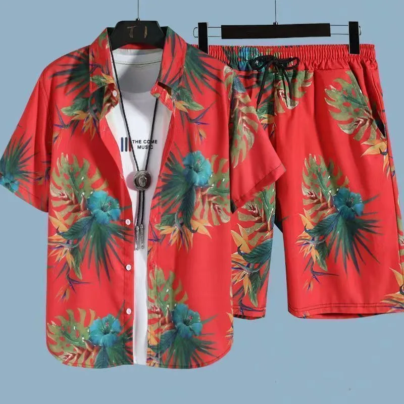 

Hawaiian Men Boho Graphic Red Shirts 2 Piece Sets Beach Quick Drying Short Sleeve Cuban Shirt and Short Elastic Waist Loose Male
