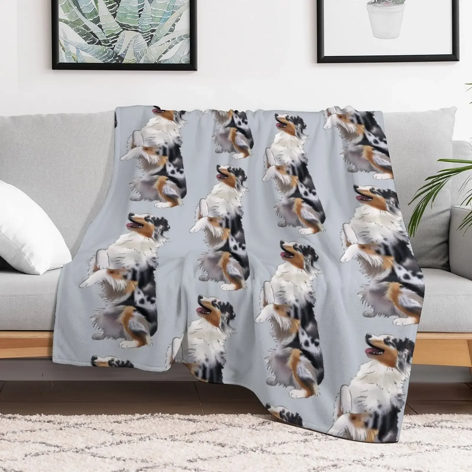 Cute Australian Shepherd Blue Merle | Begging Dog | Aussie Drawing Throw Blanket Easy Care Comfortable Blanket for Couch
