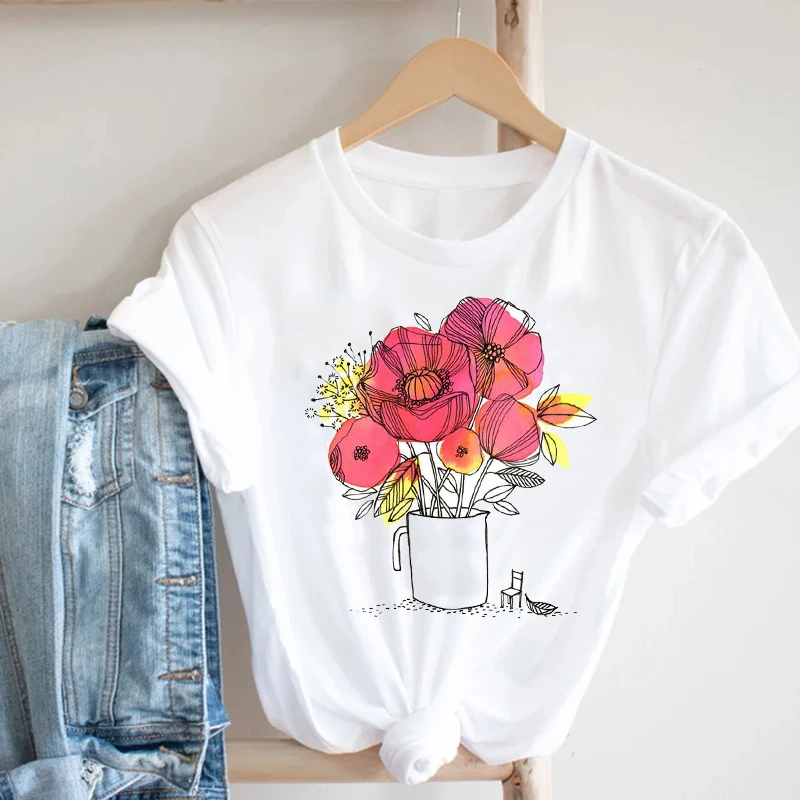 Women Clothing Love Watercolor Floral Flower Cute  Short Sleeve Summer Clothes Print Tshirt Female Tee Top Graphic T-shirt