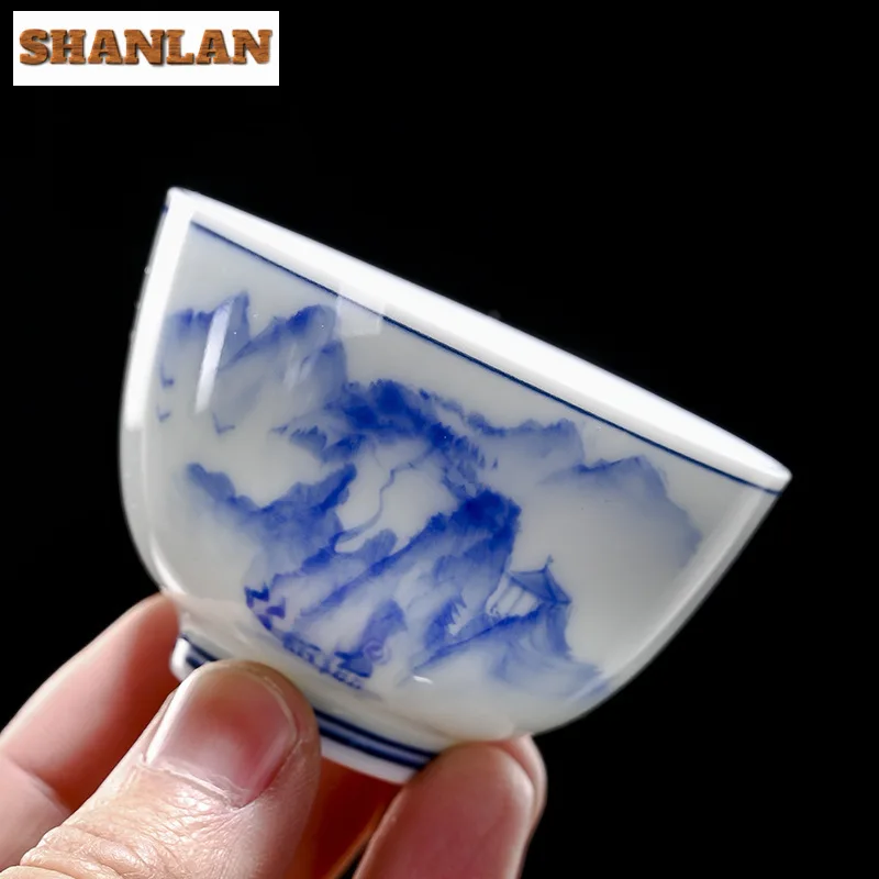 60ml Hand-painted Landscape Tea Cup Blue and White Porcelain Master Cup Shadow Green Tea Bowl Set of Cups Kung Fu Tea Drinkware