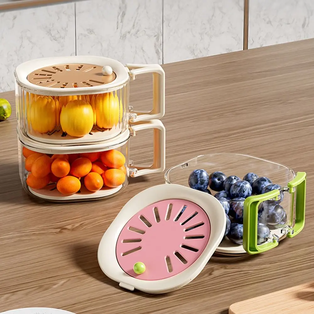 

Double Layer Vegetable Drain Basket Foldable Handle Plastic Fruit Drainer Container with Lid Splash-proof Fruit Cleaning Bowl