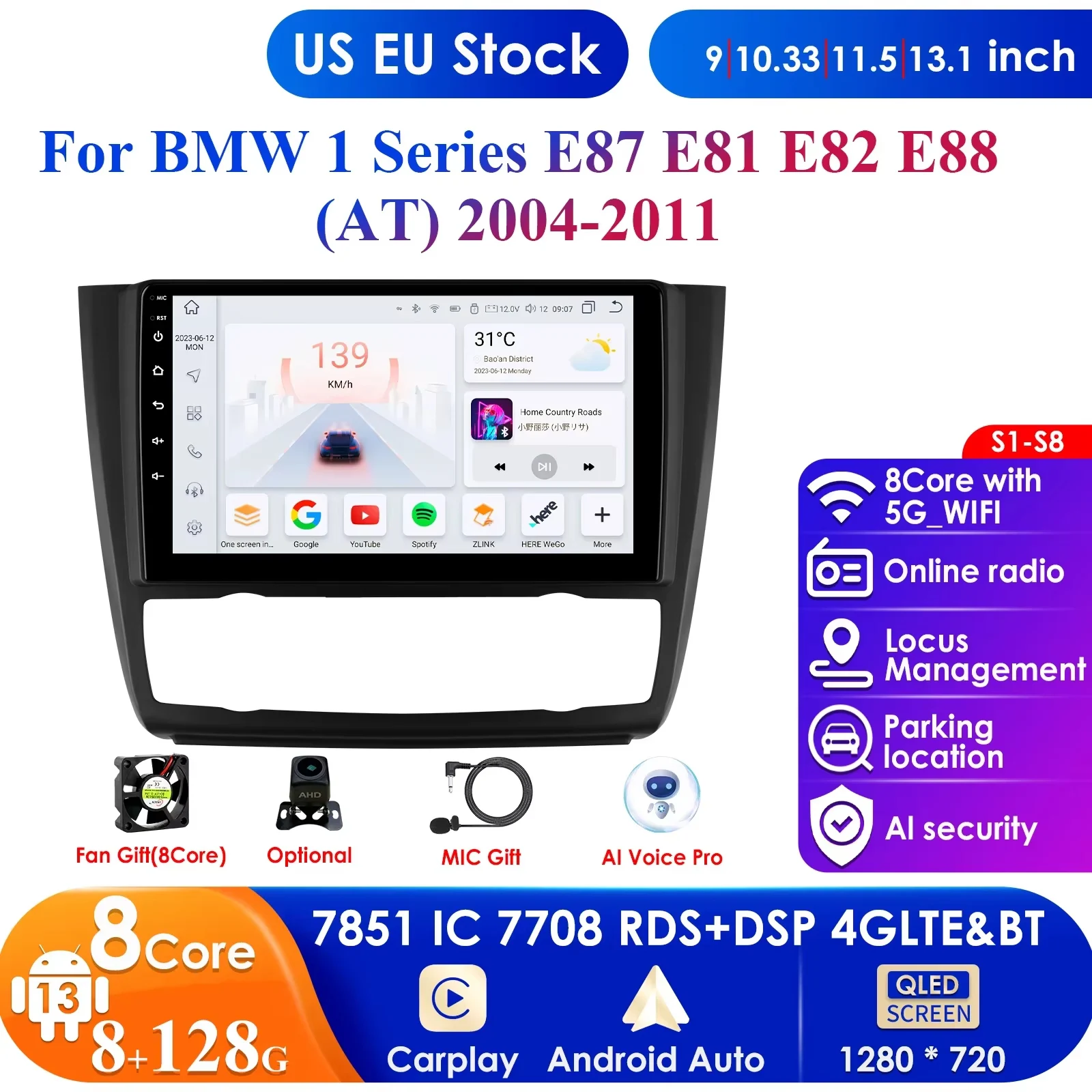 

AI Voice Wireless CarPlay Android 13 Auto Radio for BMW 1-Series 1 Series E87 E81 E82 E88 2004-2011 4G Car Multimedia Player GPS