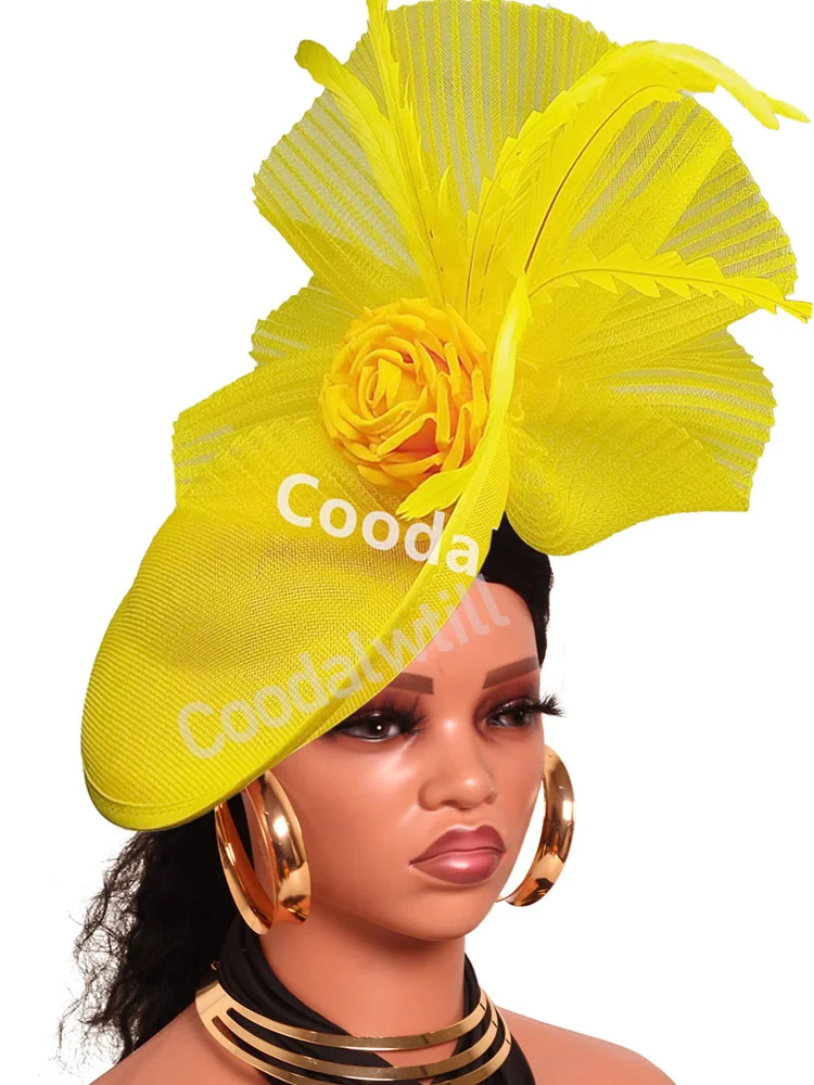Yellow Fascinator Party Hat Formal Dress Women Race Derby Headpiece Bride Wedding Mesh Feather Chapeau Cap Headband Flower Hats