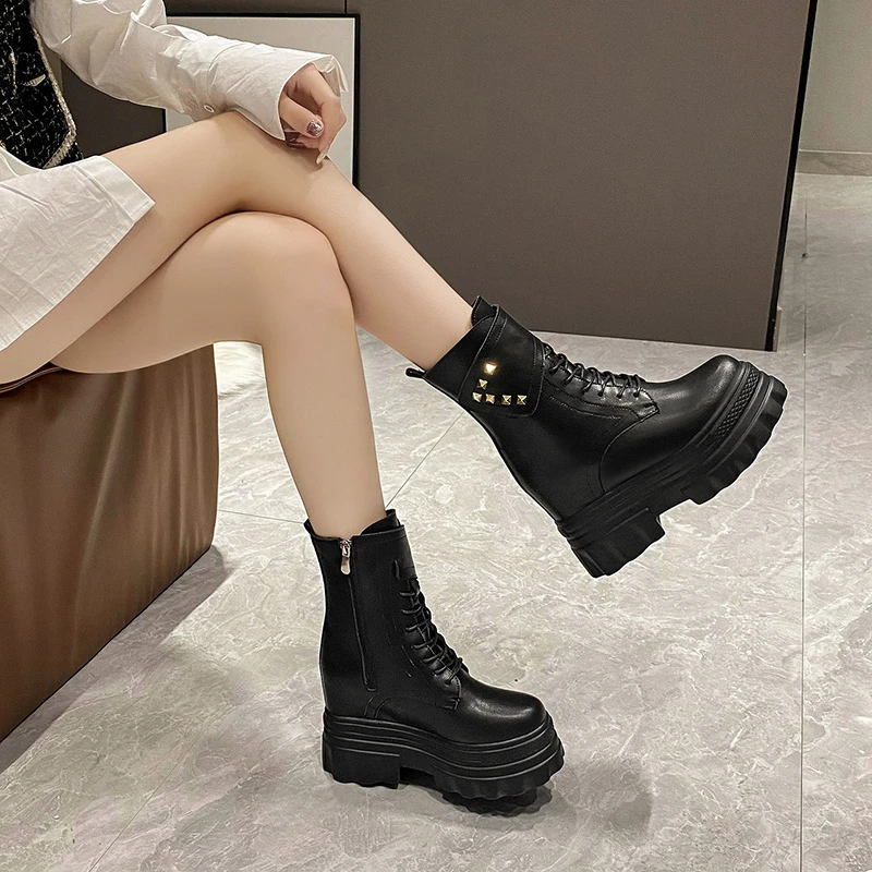 10.5cm Women's Autumn Winter Leather Ankle Boots Heels Chunky Platform Combat Boots Non Slip Motorcycle Shoes Woman Punk Boots