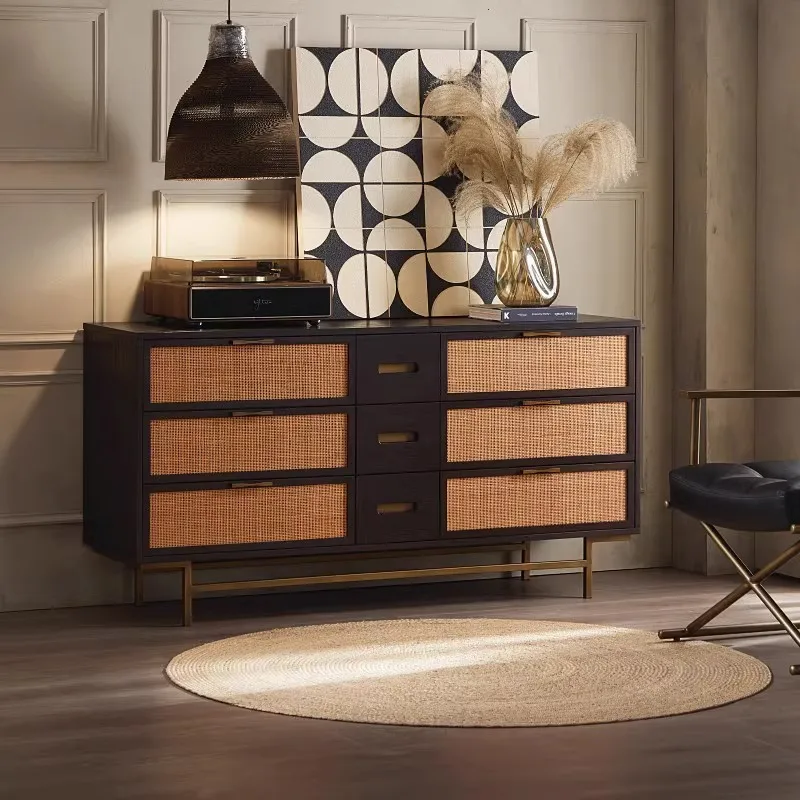 

Modern simple medieval retro old wabi wind solid wood oak rattan six chest cabinet Nordic entrance side cabinet