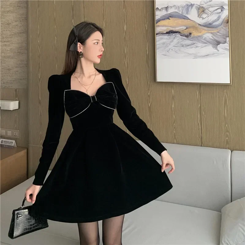 Fashion Spring Autumn Women Dress Big Bow Collar Velvet Elegant Black Long Party Dresses Female Bing 2025 NEW French Style