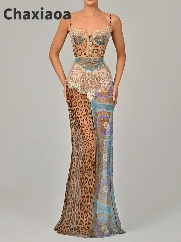 

Chaxiaoa Leopard Print Lace Split Sexy Maxi Dress Women Gown Elegant Patchwork Chiffon Sleeveless Backless Beach Evening Dress