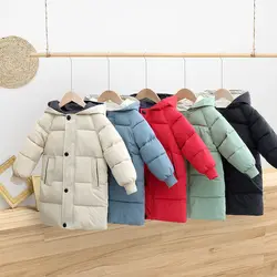 2-10 Years Winter Girls Jacket Solid Color Keep Warm Princess Coat Hooded Zipper Fashion Long Style Outerwear Children Clothing