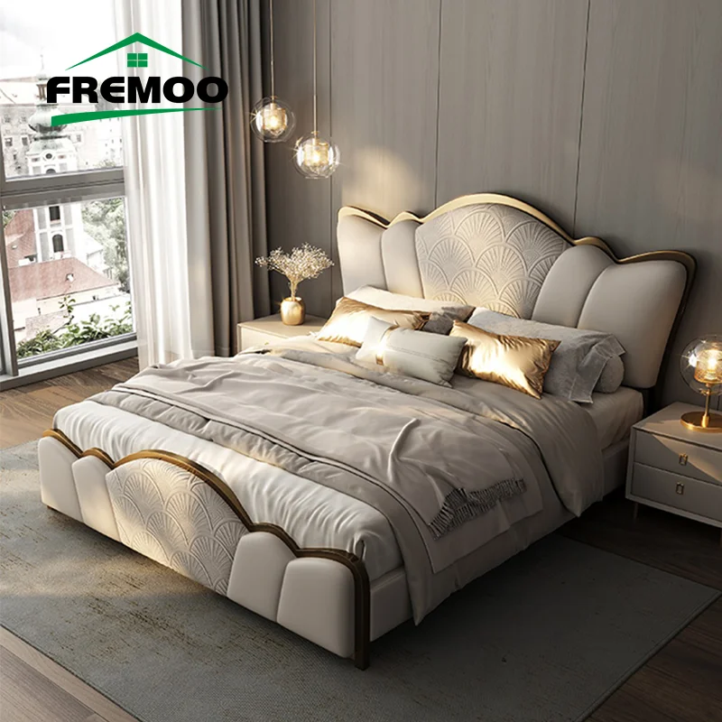 Luxury Modern Leather Bed Set Headboard Home Furniture Bedroom Set Designer King/Queen/Full Size Bed Lit 2 Personnes Apartment