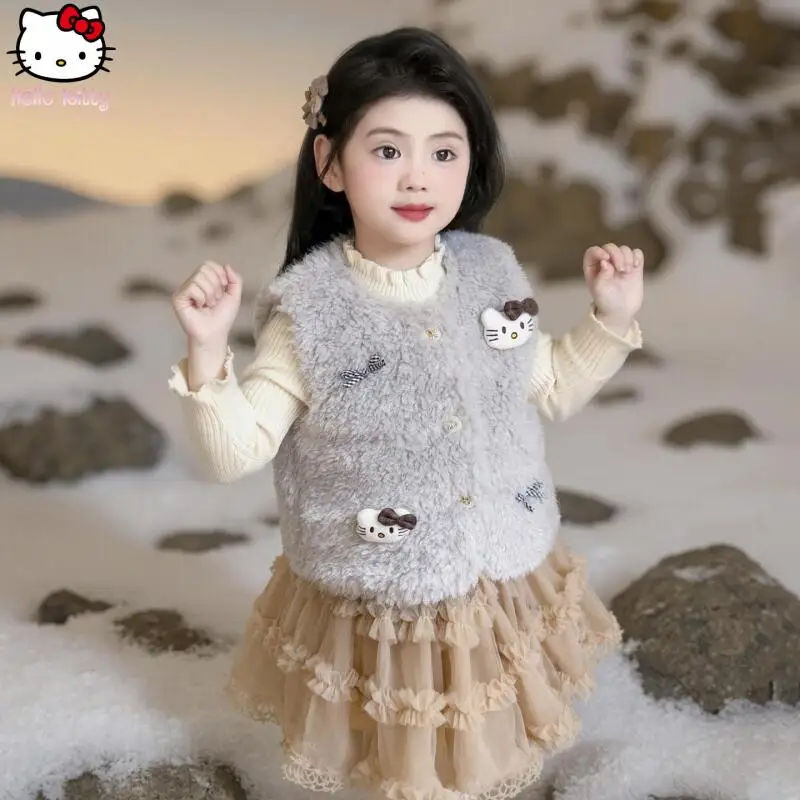 

Kawaii мультфильм для девочек Hello Kitty, теплый жилет, платье, комплект аниме, осень-зима, новые утепленные топы Sanrio для девочек, юбка, комплект из двух предметов