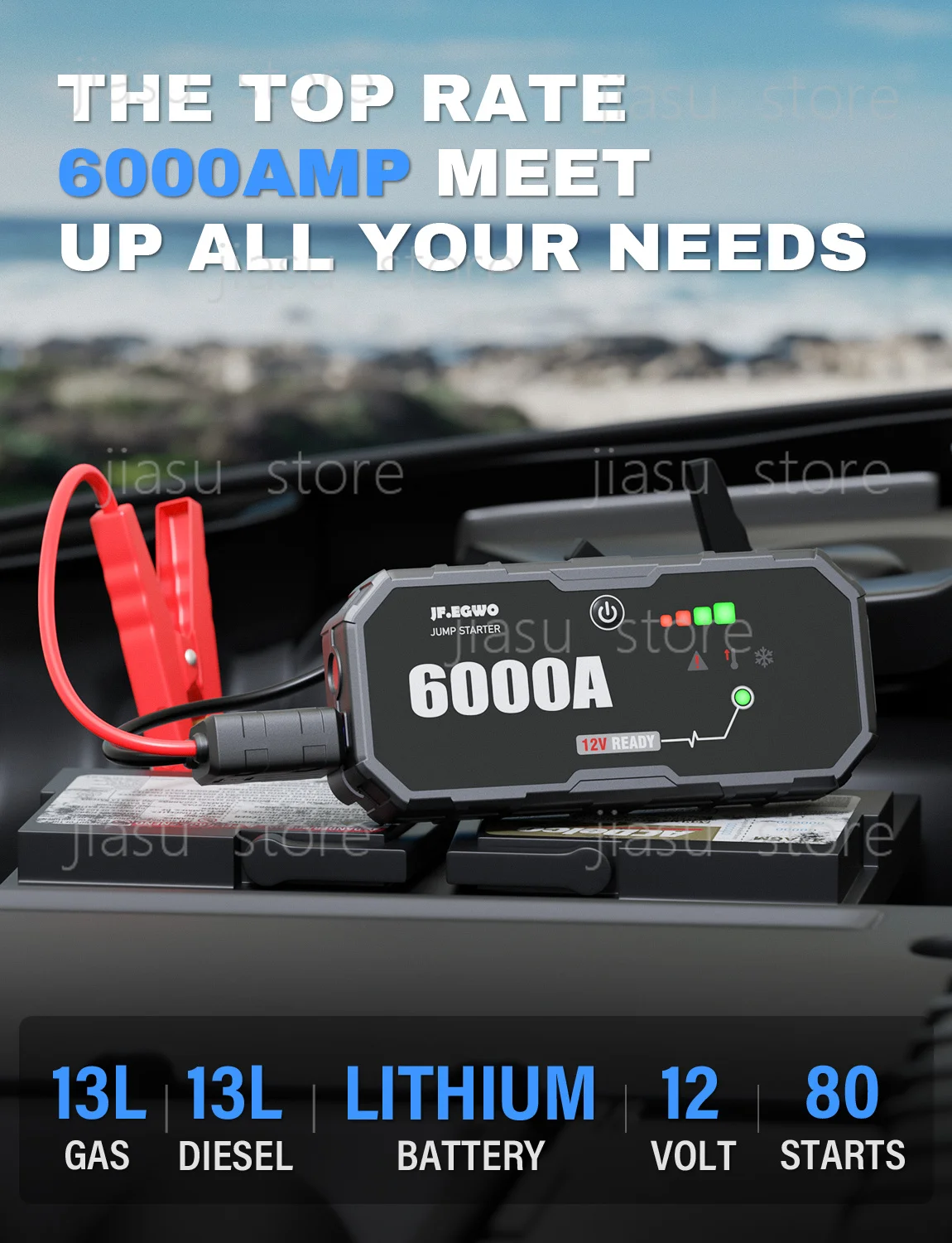 For Portable 12V Car‑jump‑starter, Emergency Vehicle Battery Booster, Multifunctional Power‑bank With USB‑charging & LED‑light