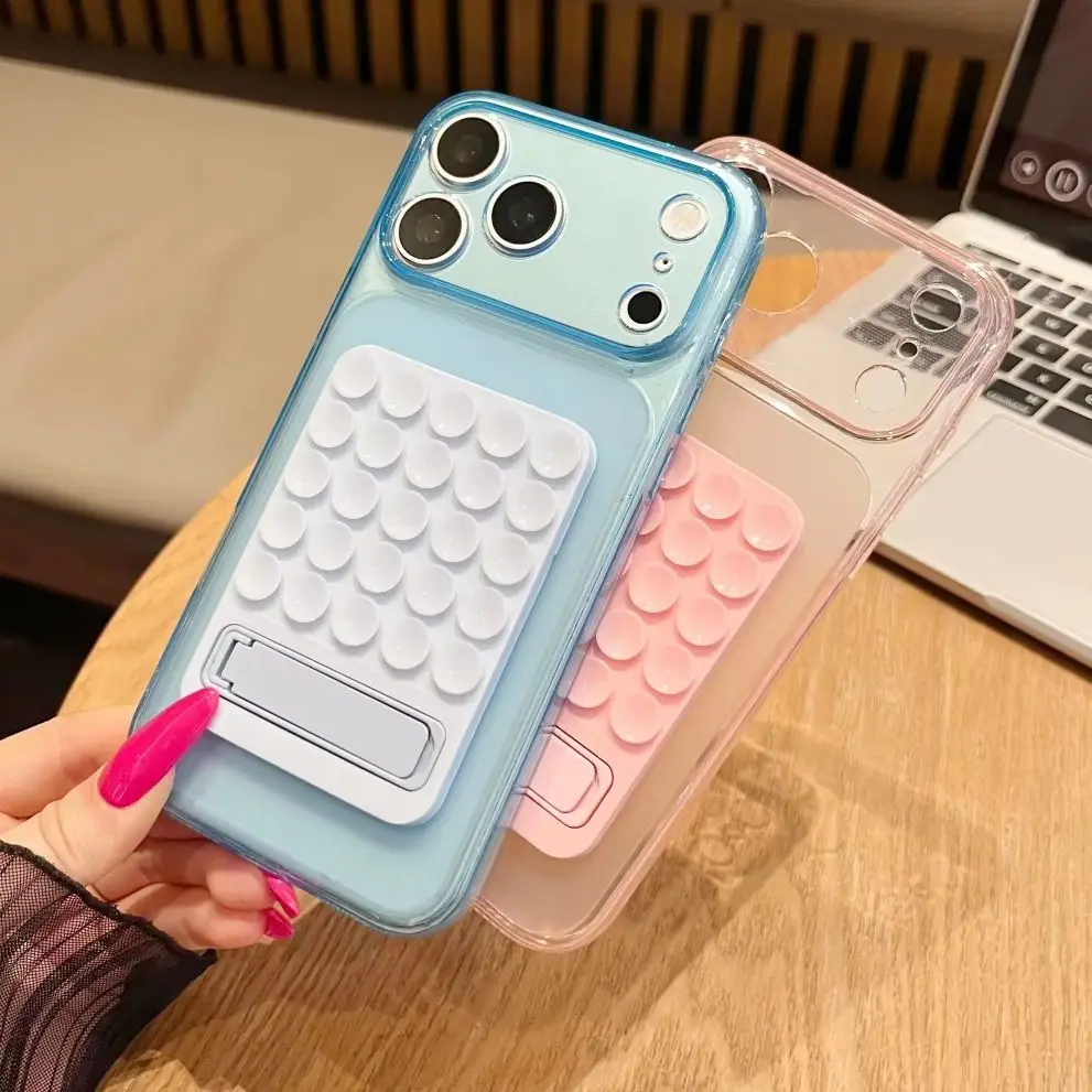 Silicone Suction Cup Fold Stand Clear Soft Case For iPhone 17 16 15 14 13 12 Pro Max Plus Sucker Bracket For Selfies And Videos