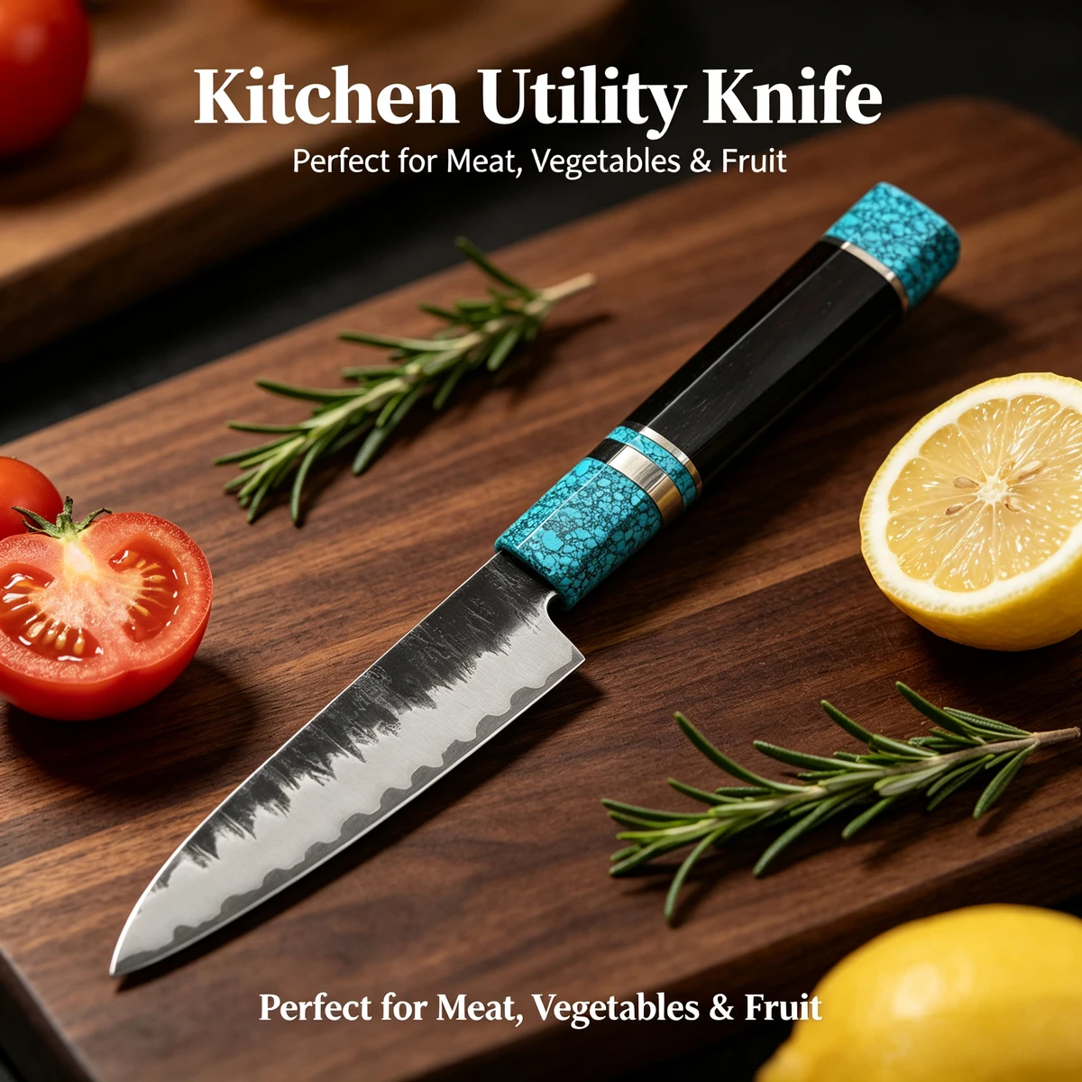 Professional 4.8 Inch Damascus Steel Utility Knife Sharp Blade Fruit Vegetable Premium Polished Turquoise Handle Hand Forged