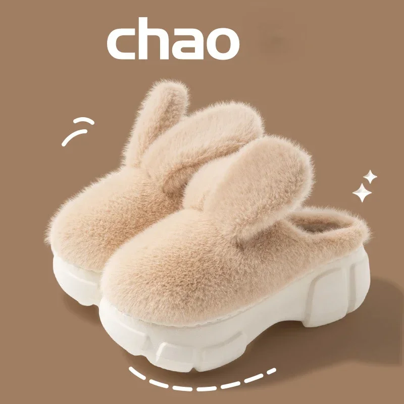 Slippers Women Fashion Slides Furry Platform Woman Winter Bowknot Flip Flops Warm Designer Rabbit Ears Plush Mules Bunny Slipper