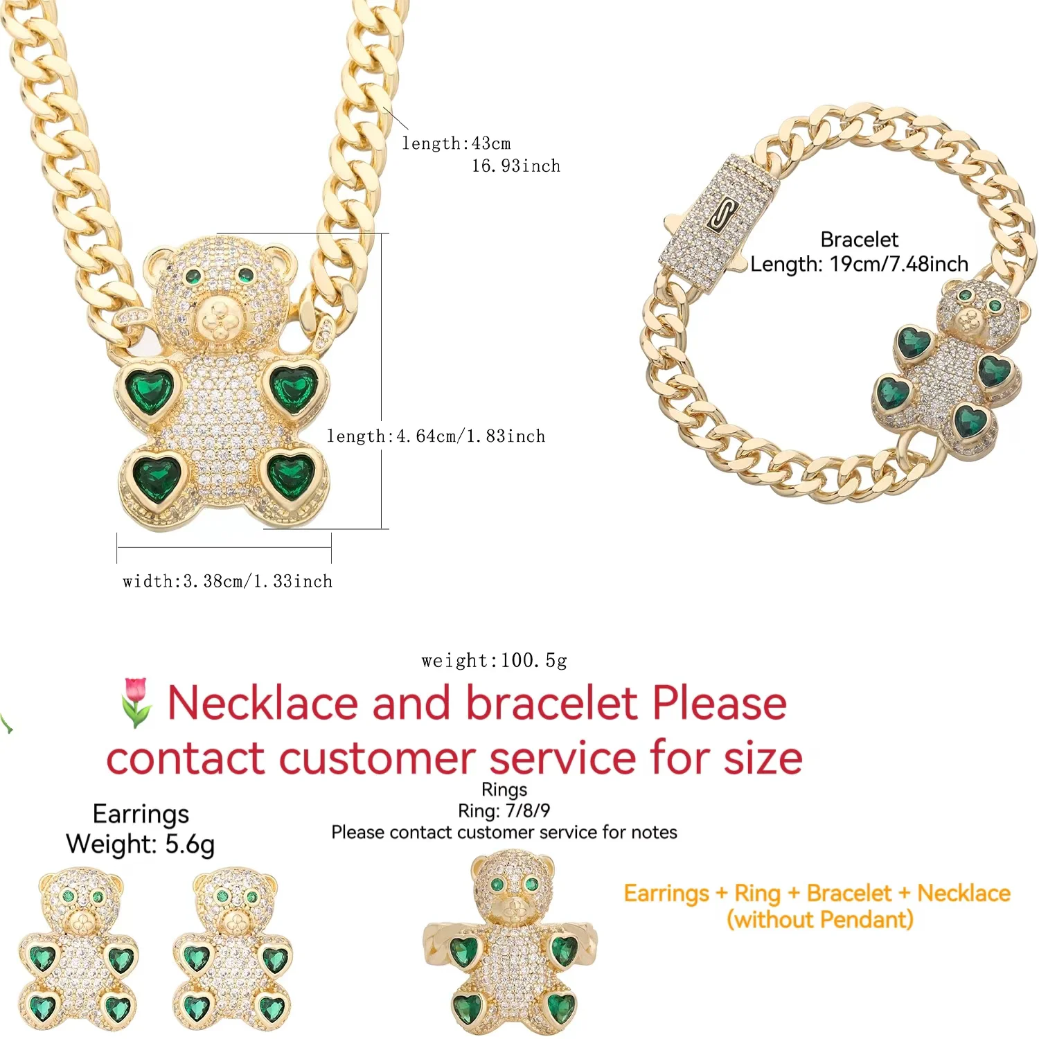 14K cute green bear set necklace bracelet earrings ring small fresh girls graduation high school junior high school gift