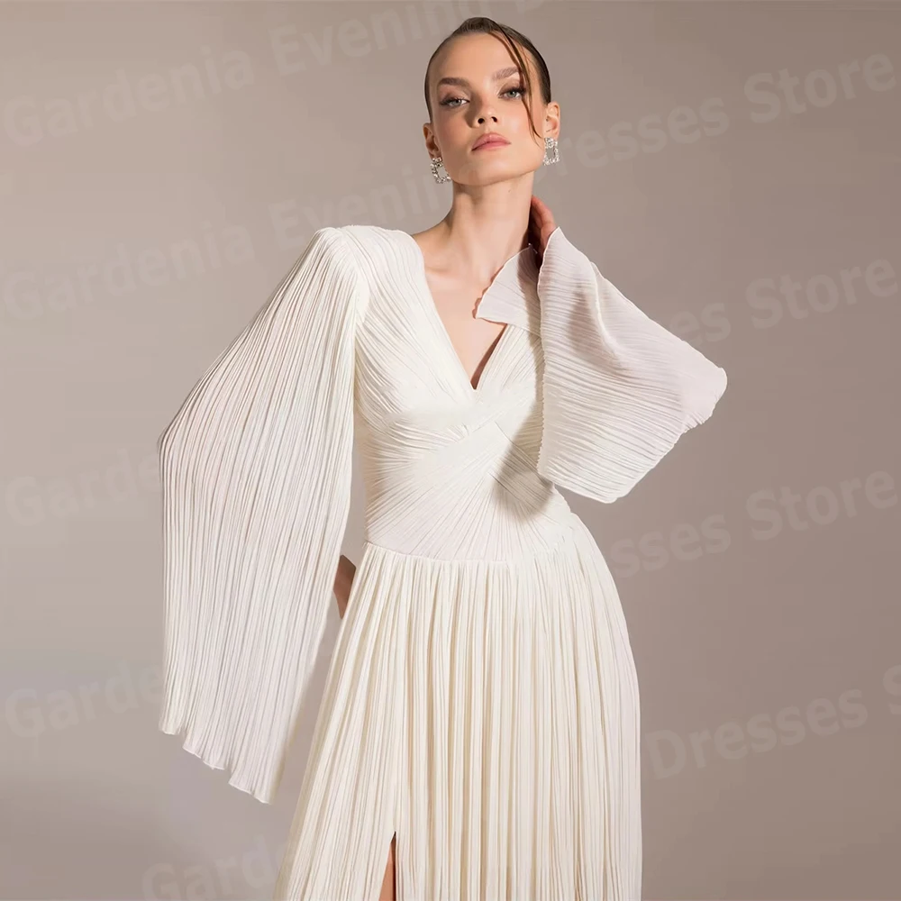 

Charming A Line Women's Evening Dresses V Neck Pleated Prom Gowns Vestidos Para Mujer Customized Sexy Side Slit Robe De Soirée