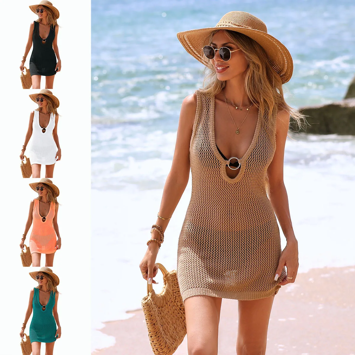 Women Hollow Out One Piece Swimsuit Bikini Wave Deep V Beach Dress