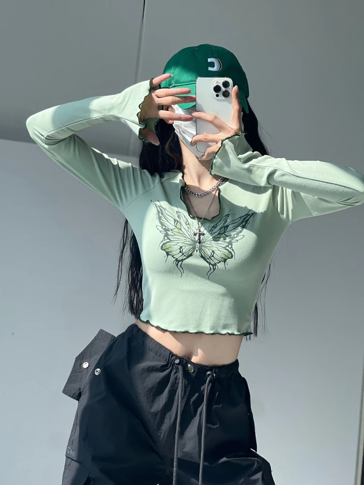 Camiseta de Manga Longa Verde para Mulheres Millennial com Estampa de Dança Jazz, Moda Feminina Slim Fit, Estilo Curto com Decote U para Primavera e Outono