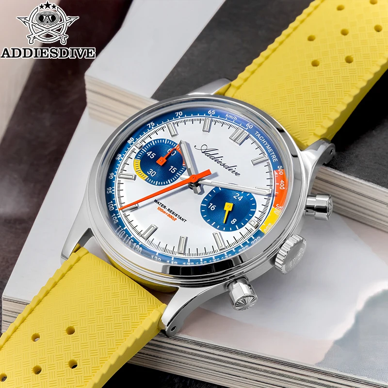 

ADDIESDIVE Luxury Dive Quartz Men Watch VK64 Chronograph 100M Waterproof Sports Watch Rubber Strap Mens Sports Wristwatch AD2529