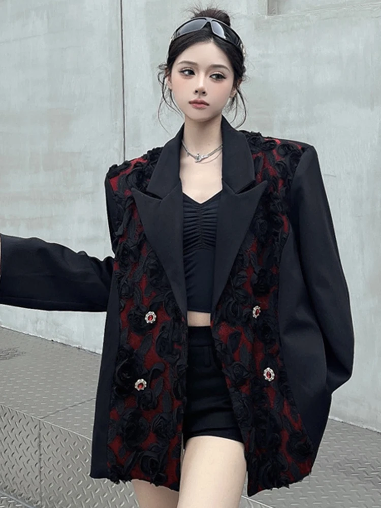 YERMORA Black Spliced Flower Button Casual Blazer For Women Lapel Long Sleeve Loose New Jacket Fashion Tide Spring Autumn 2025