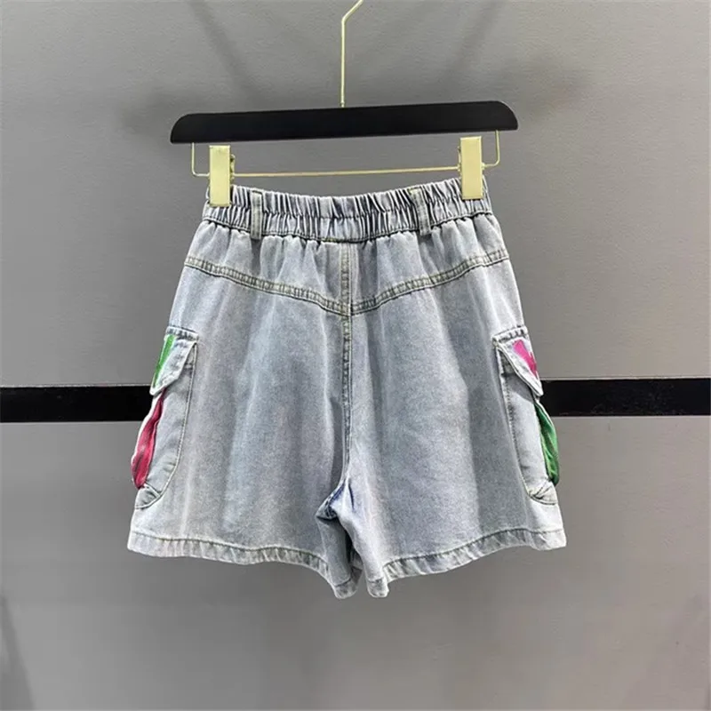 Washed Jeans Shorts Women Big Pocket Fashion Letter Embroidery Denim Shorts Female Summer Loose Elastic Waist Wide Leg Shorts