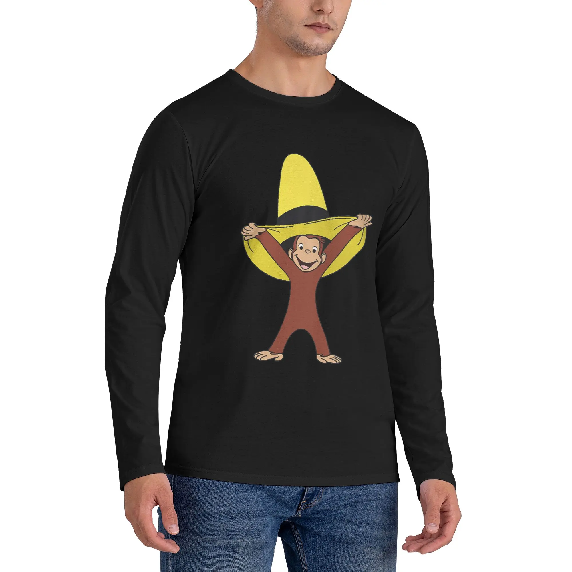 

Funky Curious George Men's Long Sleeved T-shirt Casual Round Neck T shirts Spring and Autumn Men tops