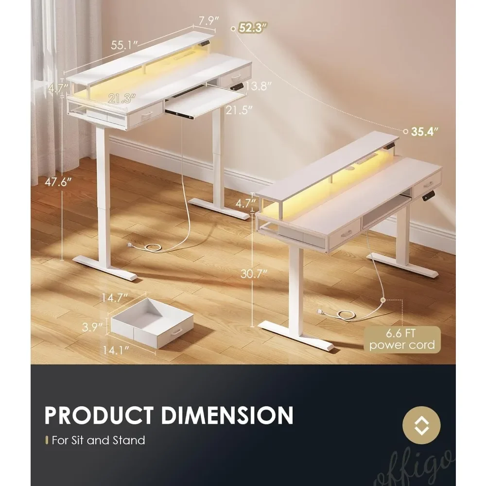 Meja Berdiri Elektrik 55-Inci yang Dapat Disesuaikan Tingginya dengan Laci, Rak Keyboard, Stopkontak, dan Lampu LED