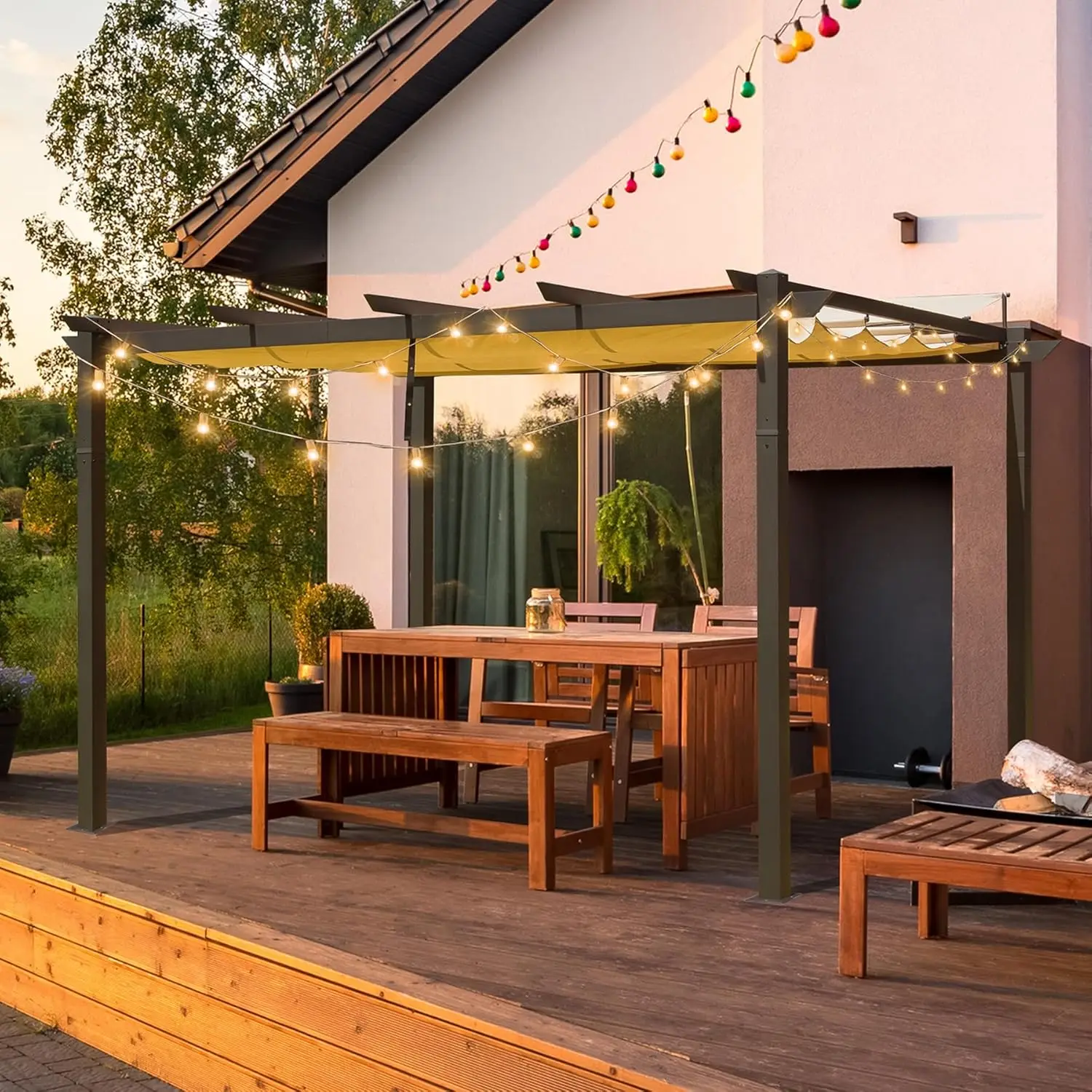 

9’ x 13’ Outdoor Retractable Pergola Against The Wall with Weather-Resistant Canopy Aluminum Garden Pergola Patio Grill Gazebo
