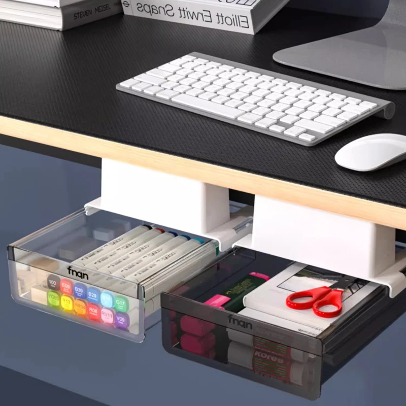 Under Desk Hidden Drawer Organizer, Frosted Transparent Office Storage Box, All-in-One Stationery Holder for Desk Study