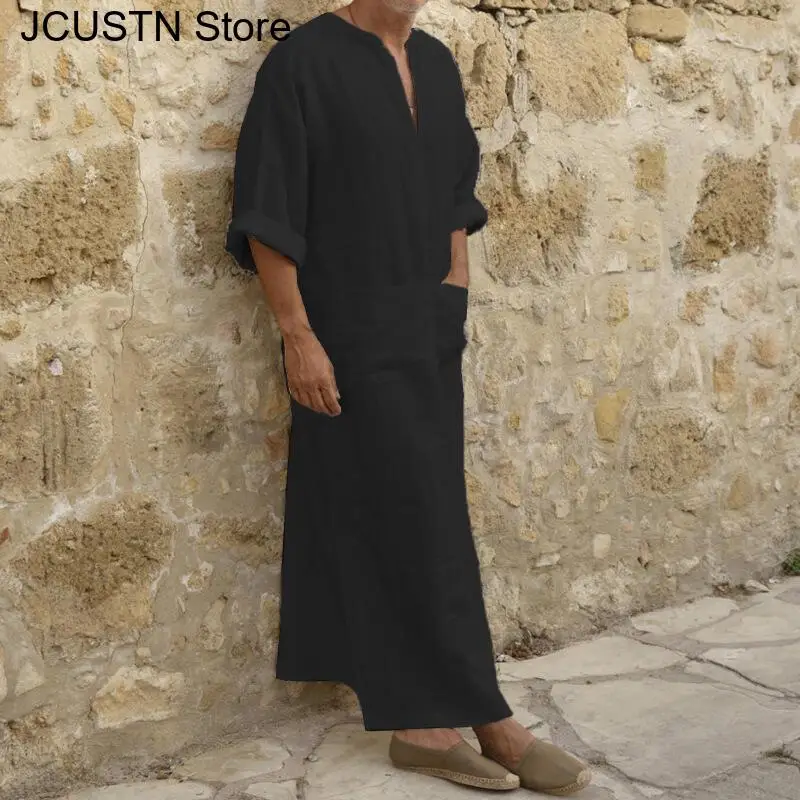 Plus Size Men Solid Color Muslim Robe Retro Arab Islamic Long Dress Casual Cotton Linen Long Kaftan Middle East Islamic Clothing