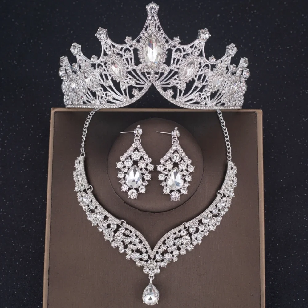 3Pcs Crystal Crown Necklace Earring Set Rhinestone Bridal Jewelry Set Bridal Wedding Hair Accessories Jewelry Tiaras And Crowns