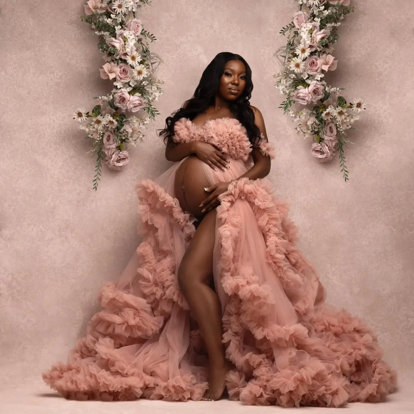 

Dusty Pink Maternity Dresses for Photography Off Shoulder Ruffles Maternity Robe Photo Shoot Customized Babyshower Gowns
