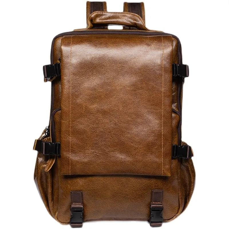 Retro Cowhide Backpack Men and Women Trend Outdoor Travel Bag Leather Business Computer Backpack Large Capacity