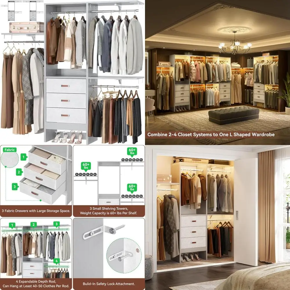 60 Inch Walk-In Closet Organizer System with 3 Adjustable Shelves and 3 Fabric Drawers for Small Spaces