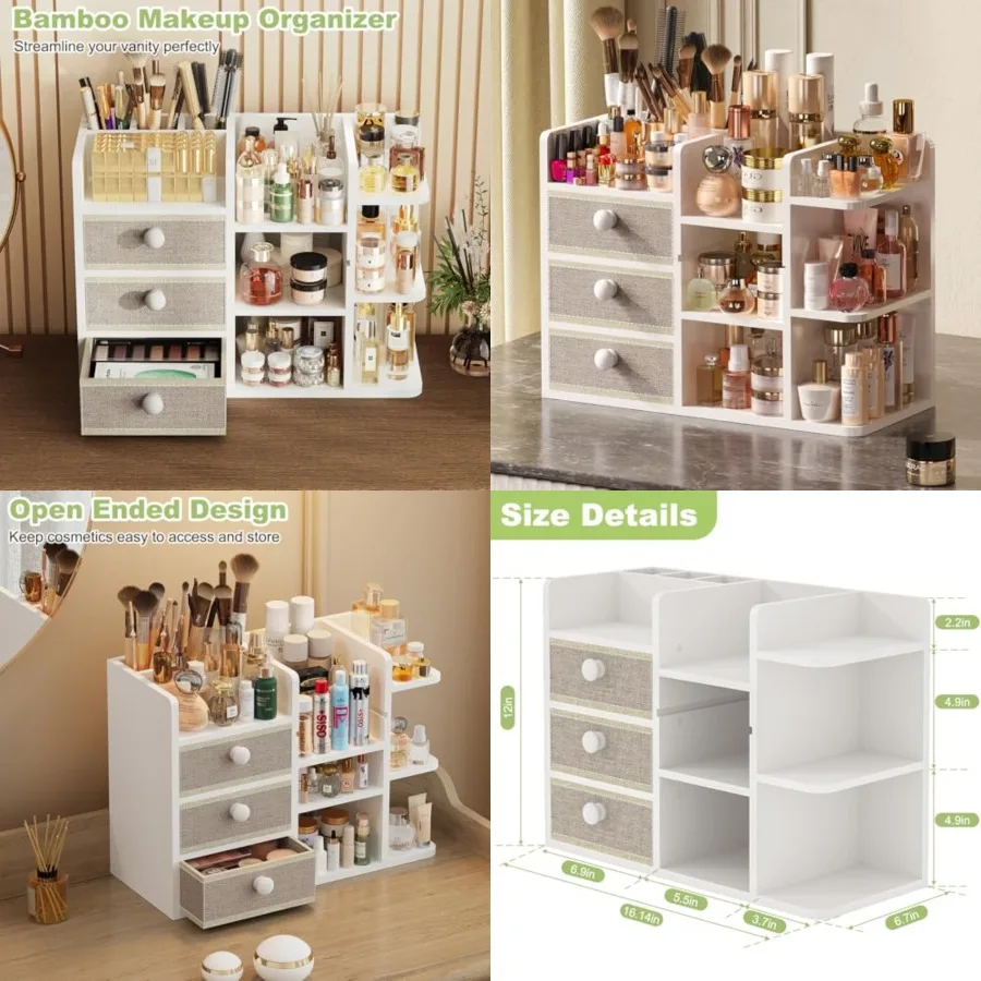 

Large Makeup Organizer Countertop With Brush Holder Drawer For Vanity, Bamboo Bathroom Counter Organizers And Storage, Cosmetic