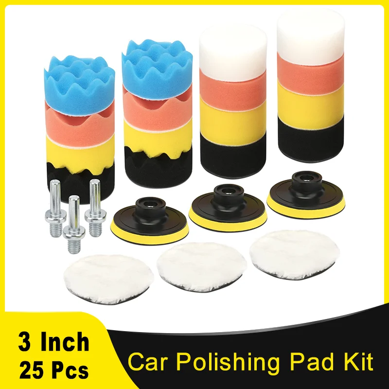 25 Pcs 3 Inch 75MM Buffing Pad Sponge Polishing Pads Car Polisher with Woolen Buffer Pad for Waxing Polishing Sealing Glaze