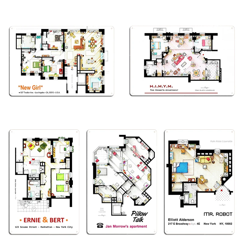 Floorplan Of The Apartment From 2 Broke Girls Metal Signs Funny Customize Wall Plaque Garage Designing Tin Sign Poster