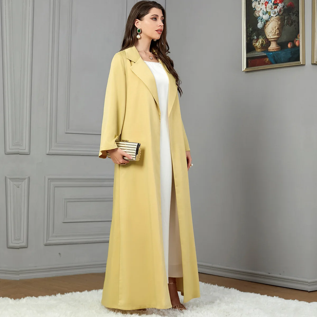 3799 Arab 2023 Autumn/Winter Yellow Polo Collar Coat Women's Fashion Long Sleeve Outer Coat