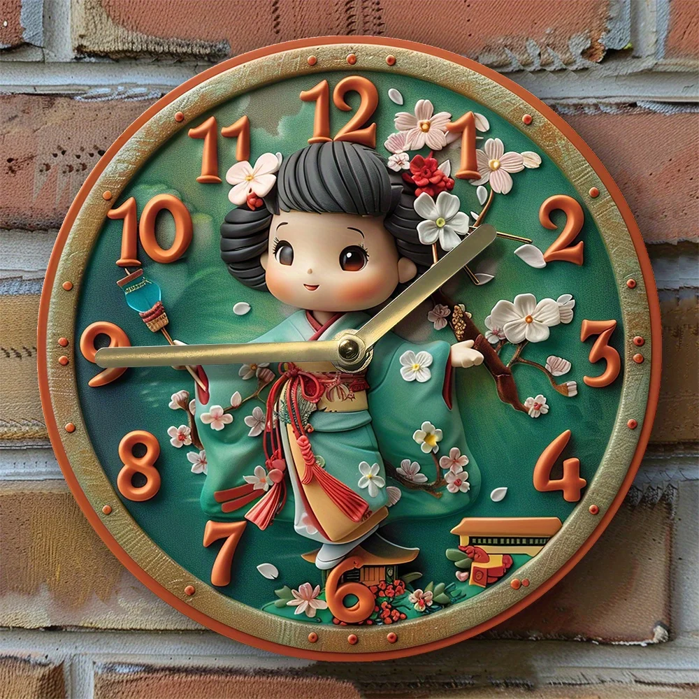 

Silent Aluminum Wall Clock With Japanese Kimono Design - Perfect For Kitchen & Summer Vacation Decor, Pet Lovers Theme