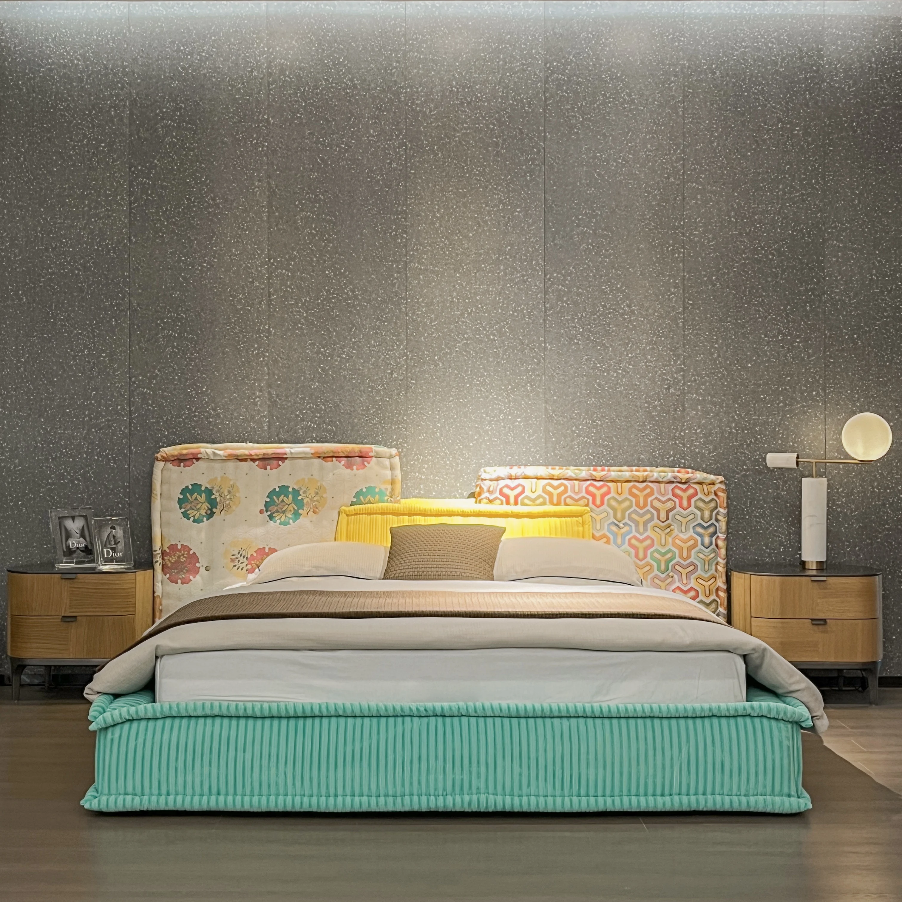 Colorful square Blocks Bed Fabric Bedroom Italian Minimalist Mahjong Bed Villa Double Bed king Size