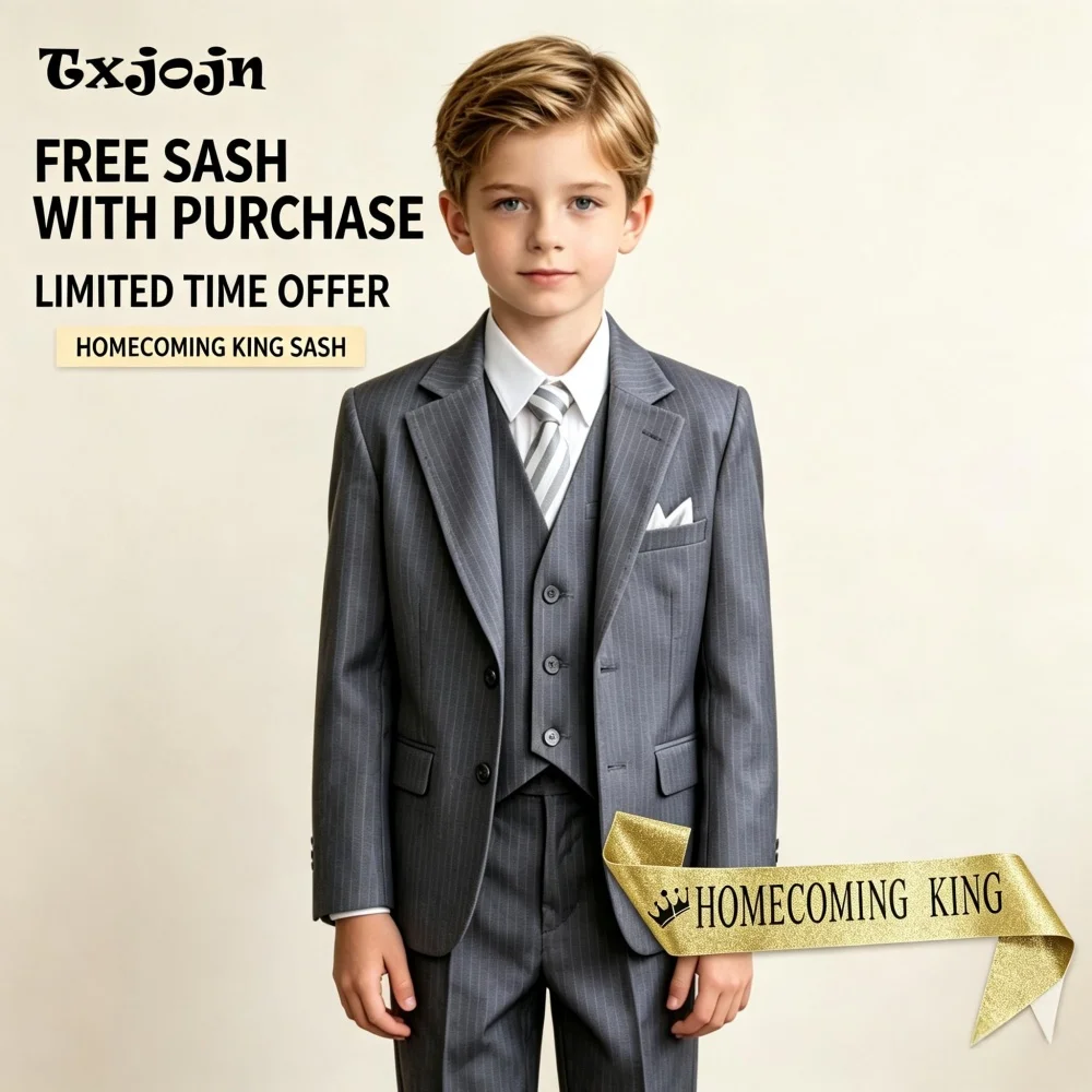 Formal Suit Set for Boys Trend Stripe Homecoming Tuxedo Wedding 3PC Jacket Pants Vest Kids Blazer Set Slim Fit Tailored Outfit