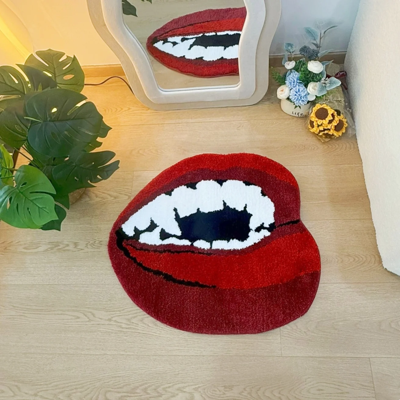 AGILESTAR Red Mouth Tufted Rug, Graphic Shaped Accent Mat for Retro Bedroom Decor, Soft Non-Slip Carpet for Living Room and Dorm