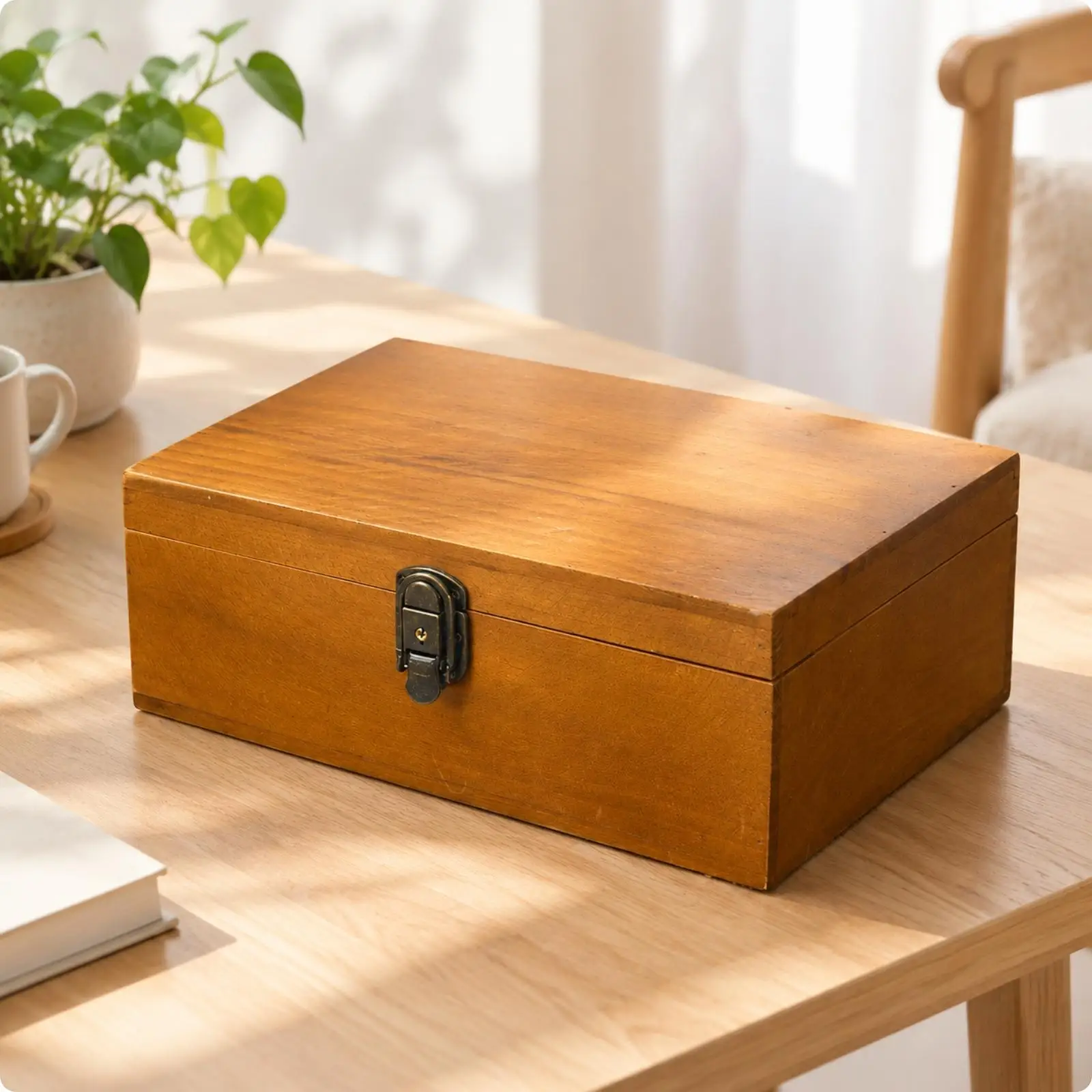 Lockable Wooden Jewelry Box Vintage Pine Wood Storage Organizer with Hinged Lid for Desk Shelf Small Keepsake