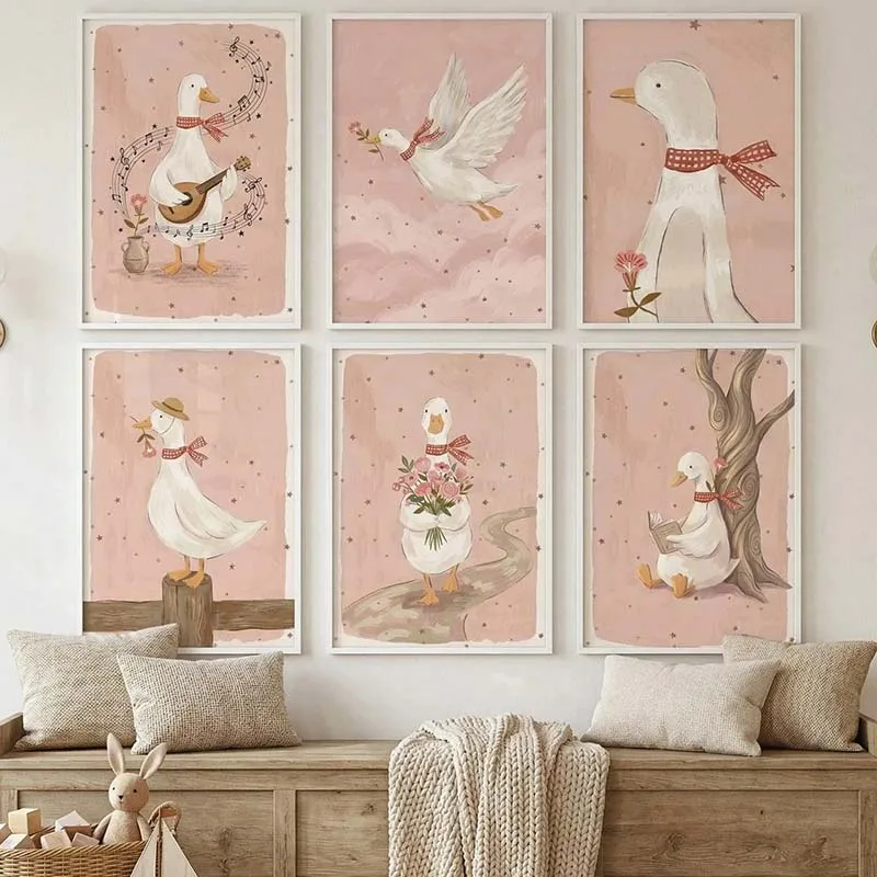 AZNM Cute White Duck with Red Bow Canvas Wall Art Prints, Watercolor Pink Background Duck Illustration Poster for Nursery Decor